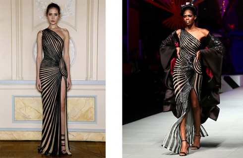 Rajah’s dress on the right and Lebanese designer Zuhair Murad’s on the left